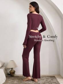 Ocili Leisure Women Ribbed Crew Neck Long Sleeve Ruffled Top & Flared Pants Casual Suit Set Outfit, Fall Clothes - Redwood - View 1