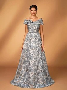 Serin Váy chữ A bằng vải satin jacquard họa tiết hoa 3D trễ vai sang trọng, thanh lịch, thích hợp cho đám cưới, tiệc tùng, kỳ nghỉ, vũ hội, váy dạ hội cho mẹ cô dâu - Xám - Xem 7