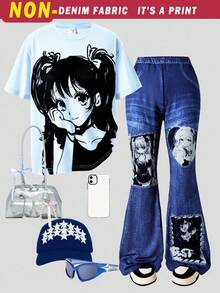 2pcs/Set Cartoon Girl Print Casual Minimalist Short Sleeve Top And Pants For Teen Girls - Blue - View 3