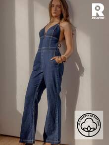 Aralina Salopetă de vacanță din denim cu nod în spate, vară / iarnă / toamnă, stil Stockholm Y2K - Spălare întunecată - Vizualizare 2