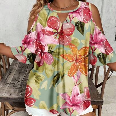 플러스플러스 사이즈 여성 캐주얼 루즈핏 열대 플로럴 프린트 미드 슬리브 셔츠, 해변 휴가에 적합