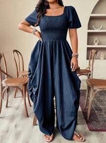 Weeklong Plus Size Women's Holiday Vacation Style Woven Loose Boat Neck Short Sleeve Jumpsuit - Navy Blue - View 4