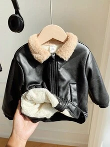 SHEIN Baby Boys Casual Cute Street Style Black PU Leather Thermal Lined Long Sleeve Zip Up Jacket, Baby Winter Clothes Baby Boy Jacket Baby Zip Up Jacket Baby Bomber Jacket Baby Leather Jacket Fall