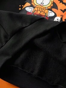 GARFIELD | SHEIN Tween Boy Cute Cartoon & Pumpkin Pattern Loose Fit Black Knit Hooded Sweatshirt For Halloween - Black - View 10