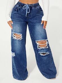 SHEIN SXY Große Größen Lässig Verwaschen Destroyed Weite Bein Jeans