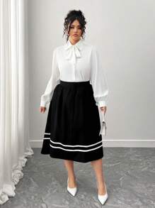 Elenzga Plus Size Women Casual Minimalist Color Block Trim Skirt - Black - View 5