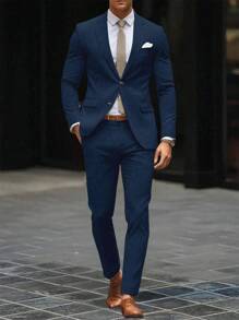 Manfinity Mode Men's Solid Color Single-Breasted Long Sleeve Suit Jacket And Pocketed Suit Pants Set - Navy Blue - View 4