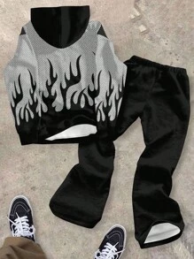 SHEIN Bolty 两件套青少年男童休闲宽松自由女神像火焰图案黑色火焰印花连帽衫和裤子套装，适合秋冬季节，街头风、朋克风、摇滚风、返校季、说唱风、帅气男孩风格，适合10-12岁青少年男孩。潮流男童套装，适合8-9岁Y2K风格男孩，秋季潮流男童套装。 - 彩色 - 查看 2