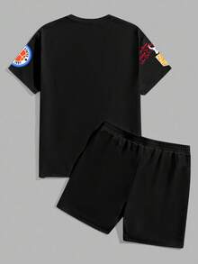 Manfinity Homme 男士休闲字母印花圆领短袖 T 恤和短裤套装，夏季舒适服装 - 黑色 - 查看 4