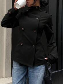 Muchica Women's Woven Solid Color Double-Breasted Casual Long Sleeve Trench Coat, Autumn,Fall - Black - View 5