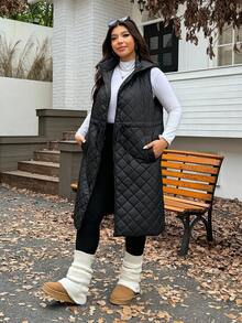 SHEIN EZwear 加大码可调节腰部抽绳宽松长款夹克，加厚，适合秋冬 - 黑色 - 查看 4