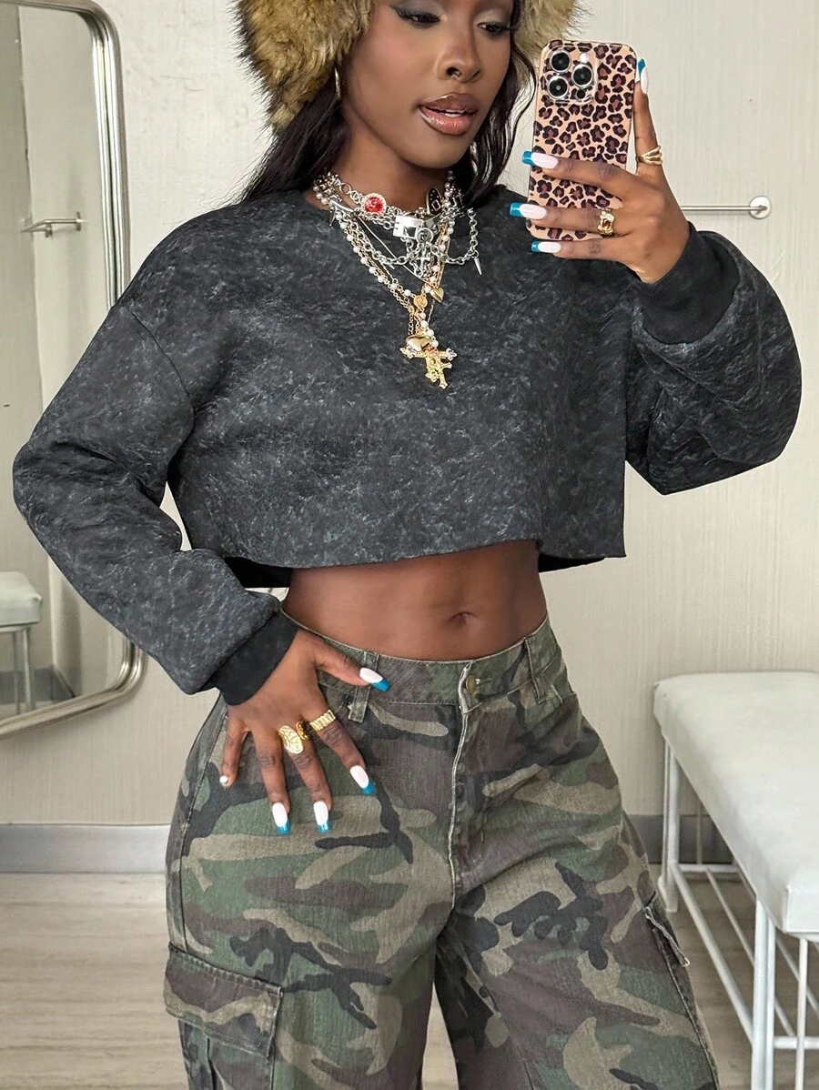 Coolane Women's Fall  Winter  Streetwear Y2K Club Outfits Vintage With Fleece Warm Daily Wear Dirty Short Sweatshirt