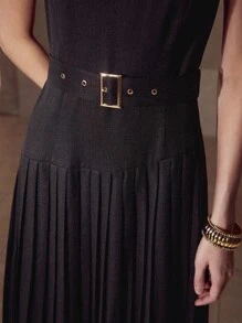 MOTF PREMIUM WOMEN'S PLEATED PATCHWORK ELEGANT DRESS - Black - View 4