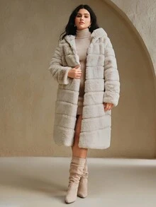 Anewsta New Autumn/Winter Faux Fur Long Coat, Fashionable Faux Rabbit Fur Women's Outerwear