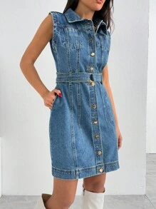 EURMUSE WOMEN Casual Denim Button Front Dress - Medium Wash - View 5