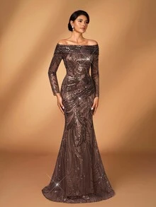 Serin 优雅奢华珍珠亮片花卉露肩透视长袖美人鱼连衣裙，适合婚礼、派对、度假、庆典、新娘送礼会、新娘母亲礼服 - 咖啡棕 - 查看 2