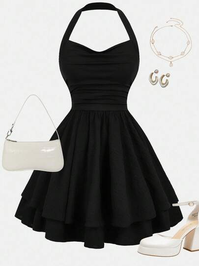 Girlism 少女纯色荷叶边多层休闲挂脖连衣裙