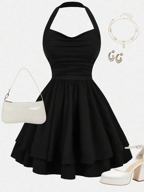 Girlism 少女纯色荷叶边多层休闲挂脖连衣裙