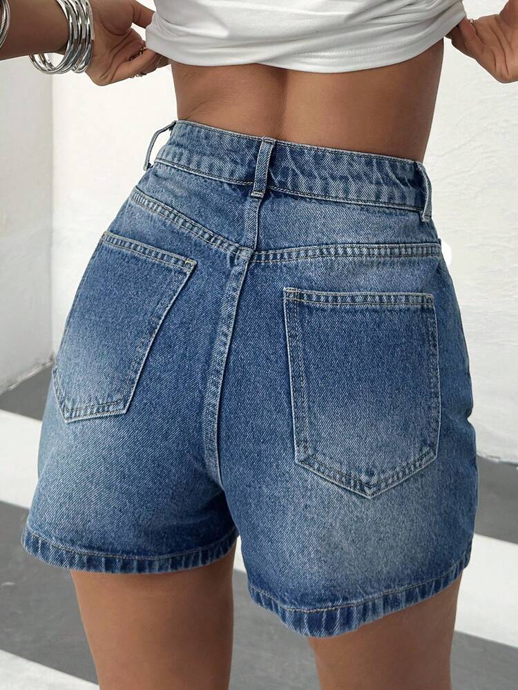 EURMUSE Damen Denim Shorts mit hoher Taille und Taschen, lässig und vielseitig einsetzbar - Mittele Waschung - Übersicht 2