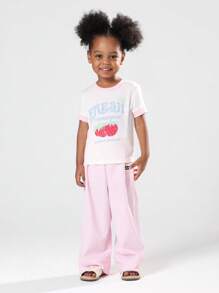 SUMWON Girls Fresh Strawberry Print T-Shirt Co-Ord Set With Pink Striped Wide Leg Pants Summer Casual Cotton Outfit - Baby Pink - View 1