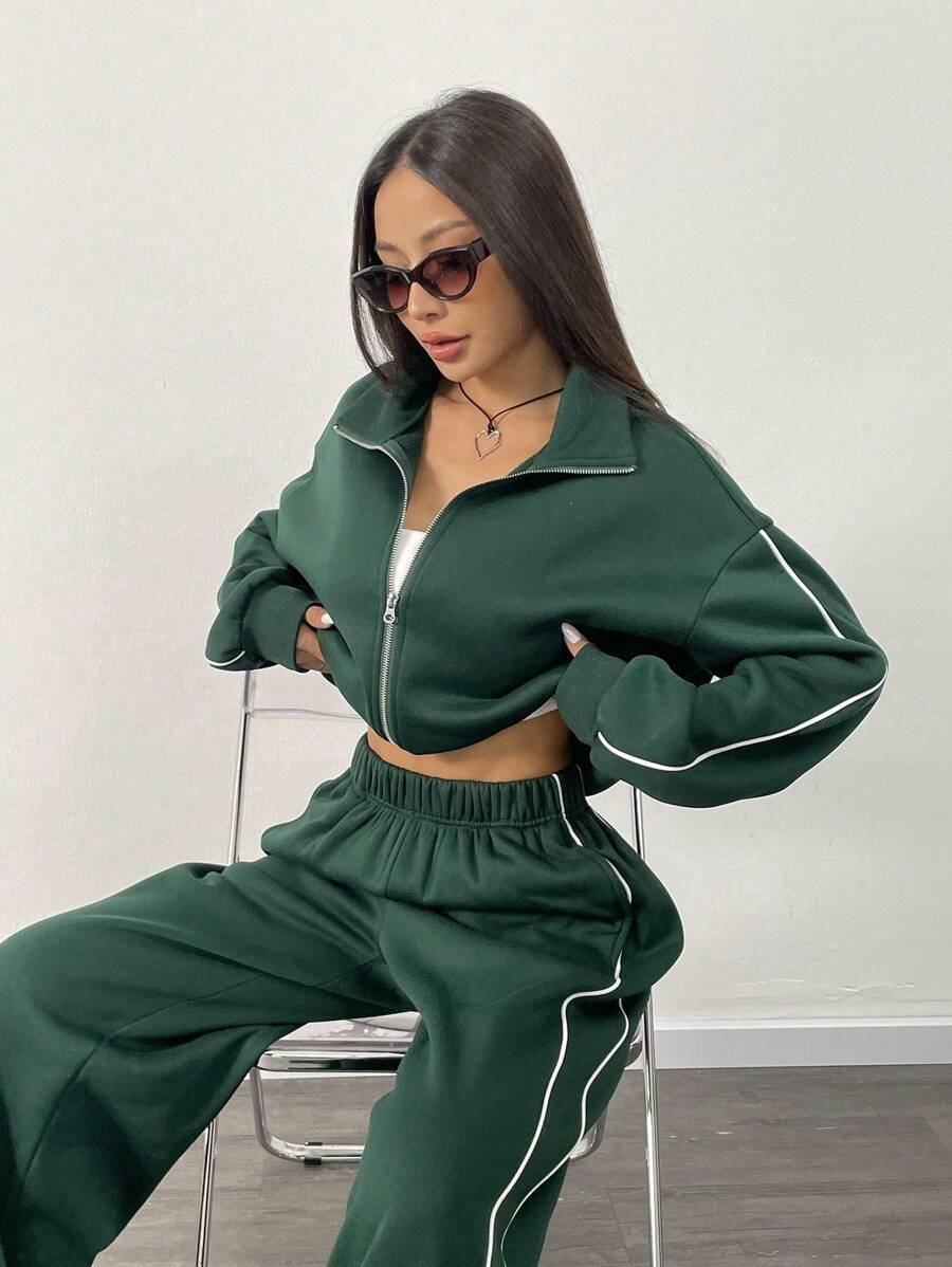 INAWLY Set de chaqueta y pantalones casual con bloques de color y ribetes, para otoño/invierno - Verde Oscuro - Ver 1