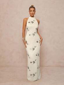 Lumalex 女式亮片刺绣立领腰部修身露背系带开衩连衣裙 - 杏色 - 查看 3