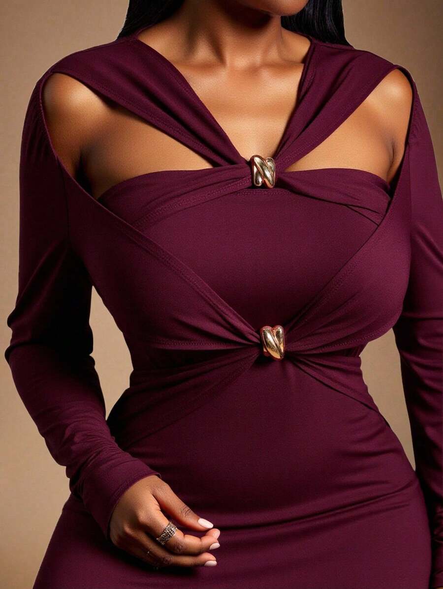 Radiana 大码女式优雅修身长袖束腰连衣裙，适合派对和聚会 - 紅色 - 查看 1