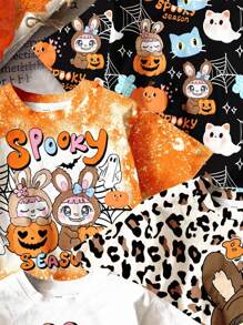 SHEIN Happikins 4pcs/Set Young Girl Cute Halloween Rabbit Bubu Bow Floral Print Kawaii Anime Style Casual Minimalist Round Neck Short Sleeve Basic T-Shirt, Suitable For Spring/Summer - Multicolor - View 7