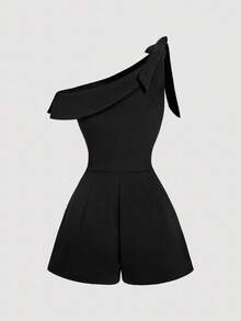 SHEIN MOD 优雅不对称领口蝴蝶结装饰黑色连体衣 - 黑色 - 查看 2