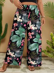 SHEIN VCAY Plus Size Women Tropical Plant Print Elastic Waist Wide Leg Pants