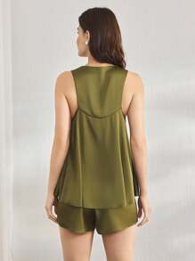 Ocili Bộ đồ ngủ thoải mái bằng vải satin rút dây kiểu vest dành cho nữ - xanh quân đội - Xem 3