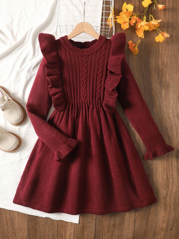 SHEIN Vestido casual para meninas adolescentes, jacquard, cor sólida, babados, bainha, gola redonda, manga comprida, estilo universitário, uso diário, outono/inverno