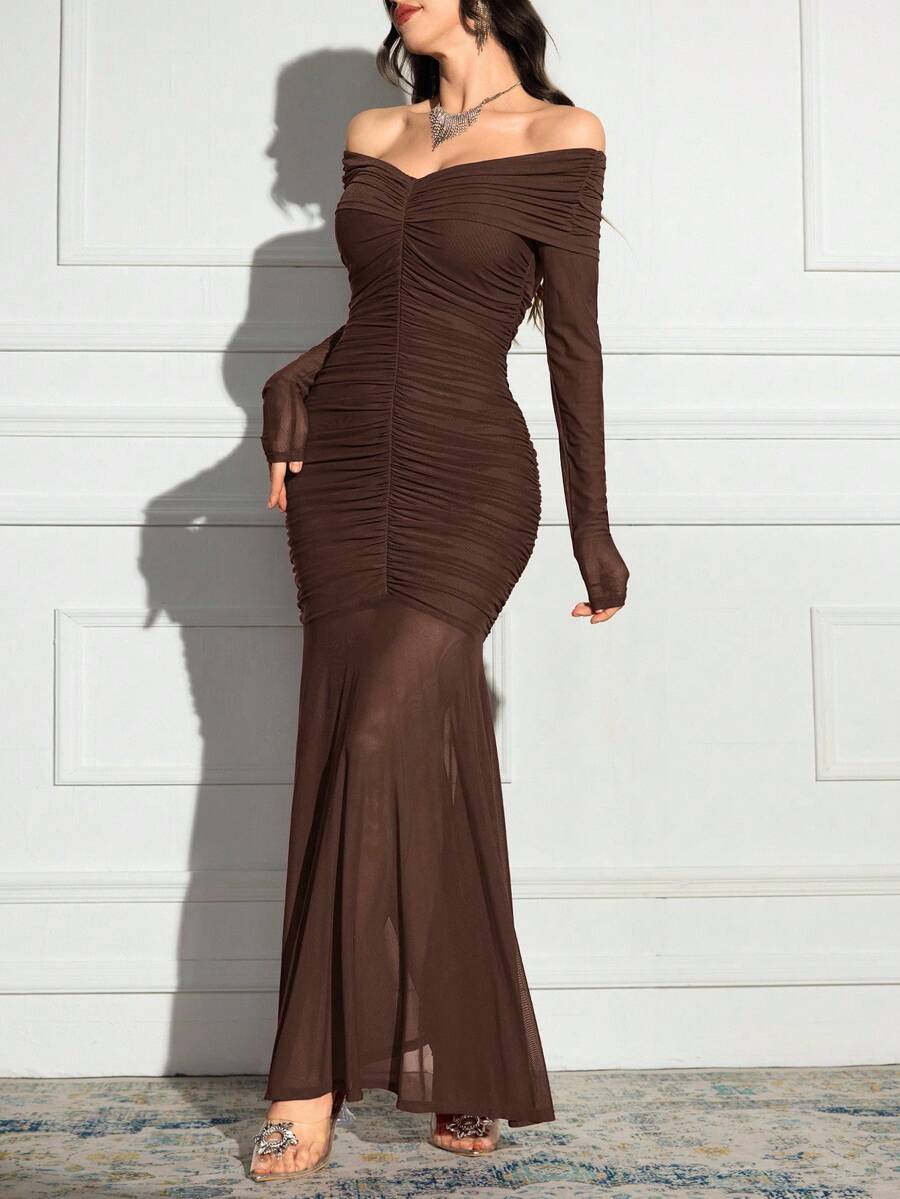Modelyn Đầm suông trễ vai tay dài nhún bèo nhún viền đuôi cá thanh lịch cho nữ - màu nâu - Xem 1