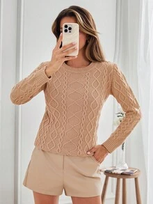 SHEIN Tall Tall Size Women Round Neck Cable Knit Sweater For Autumn And Winter - Apricot - View 5