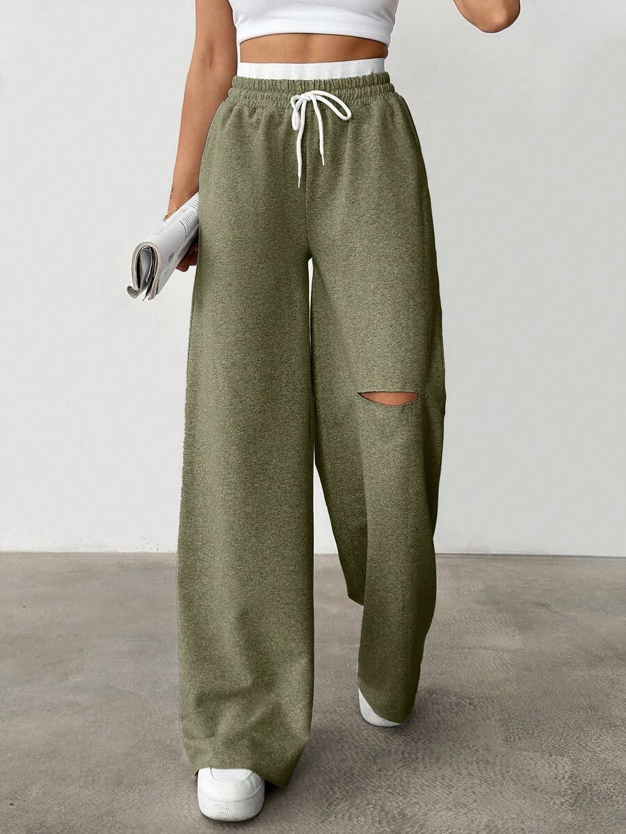 CasuGlow Drawstring Waist Cut Out Casual Sweatpants - Olive Green - View 1