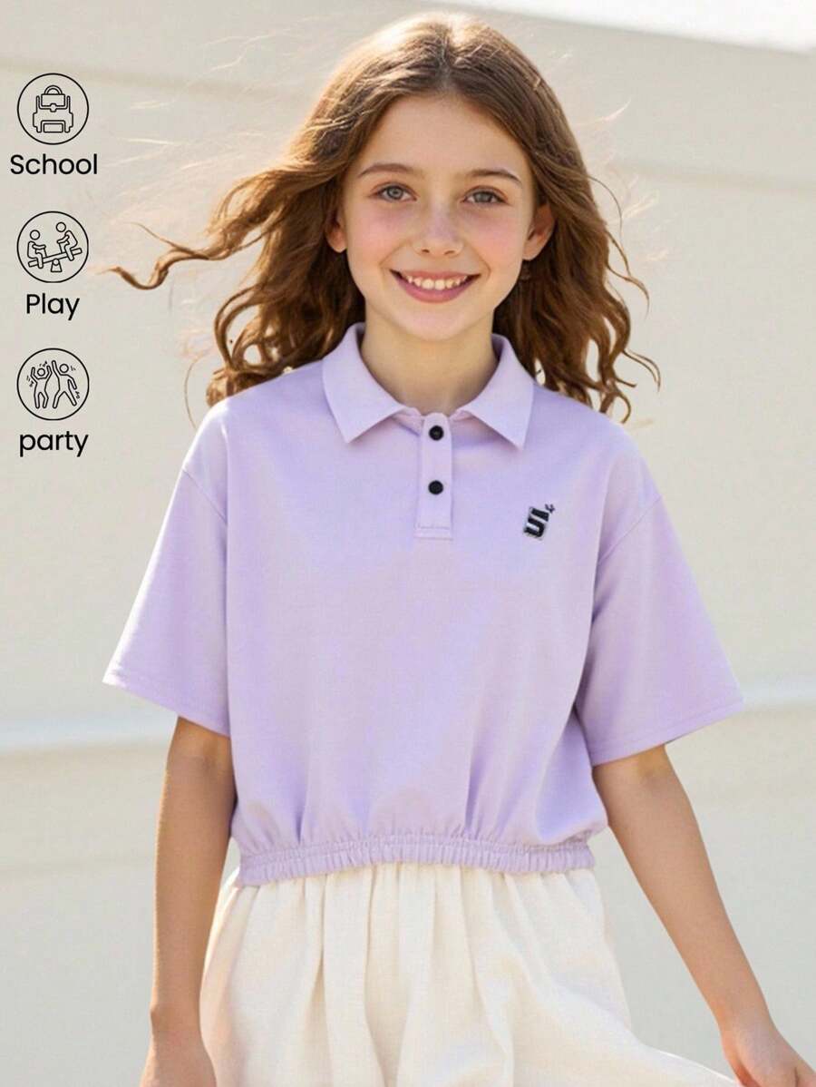 JNSQ 返校季戶外休閒運動短袖T恤,青少年女孩 Polo 領趣味字母印花休閒運動上衣 - 紫色 - 查看 1