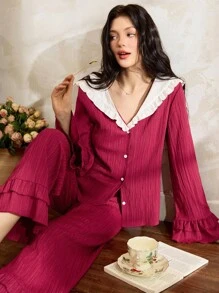 Côtesoire Bộ đồ ngủ ren xếp nếp màu tương phản lãng mạn thanh lịch dành cho nữ, trang phục thu đông - Màu Đỏ Sâu - Xem 1