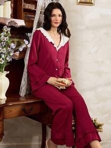 Côtesoire Bộ đồ ngủ ren xếp nếp màu tương phản lãng mạn thanh lịch dành cho nữ, trang phục thu đông - Màu Đỏ Sâu - Xem 6