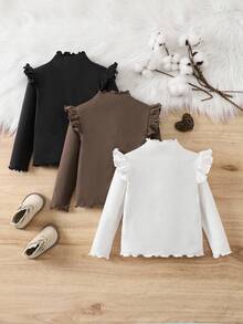 SHEIN Young Girl Solid Color Knit Long Sleeve T-Shirt, Cute & Versatile, Autumn/Winter Fall - Brown - View 2
