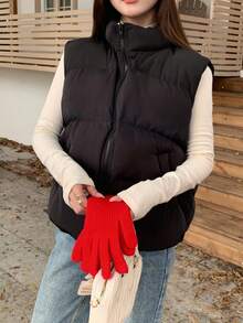 SHEIN Teenager Mädchen schwarze einfarbige lose warme Wattierte Weste, vielseitige Wattierte Jacke, Schulanfang Winter Wattierte Weste - Schwarz - Übersicht 3