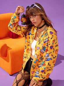 Nick 90s | SHEIN 女士休闲日常万圣节卡通图案连帽衫 - 橘色 - 查看 4