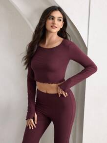 Ocili Leisure Women Ribbed Crew Neck Long Sleeve Ruffled Top & Flared Pants Casual Suit Set Outfit, Fall Clothes - Redwood - View 5