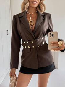 Siren Gaze Autumn/Winter New Maillard Color Metal Buckle Waist Suit Jacket For Women - Brown - View 6