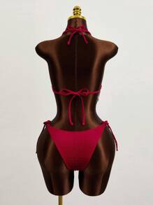 Zestiva Springbreak 纯色纹理吊带三角环金属链装饰文胸上衣和系带侧比基尼泳装套装 - 紅色 - 查看 2