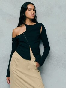 TypaGal Asymmetrical Shoulder Top Merges Gothic Women Clothes Inspiration With Cutting-Edge Y2k Energy Fall Clothes Women And Winter Tops - Coffee Brown - View 1