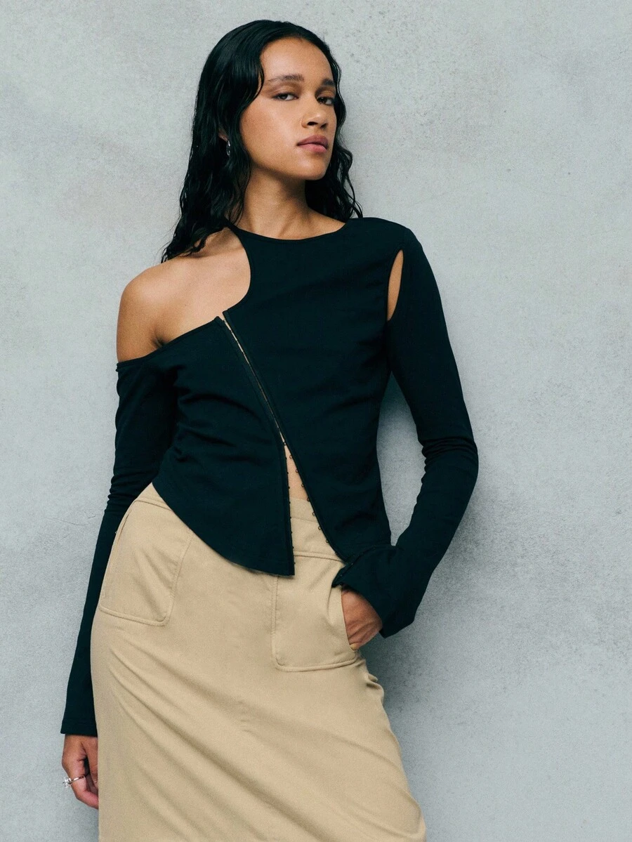 TypaGal Asymmetrical Shoulder Top Merges Gothic Women Clothes Inspiration With Cutting-Edge Y2k Energy Fall Clothes Women And Winter Tops - Coffee Brown - View 1
