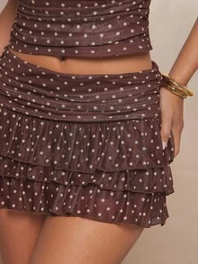 L'Amorae Women's Brown Polka Dot Ruffle Mini Skirt Co Ord Y2k Vintage Skirt Vacation, Party