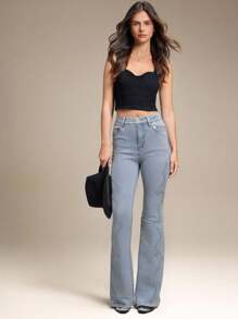 WESTFADE Vaqueros de tiro alto con patas acampanadas, estilo country western, con tachuelas, para la vaquera de Nashville - Lavado ligero - Ver 3