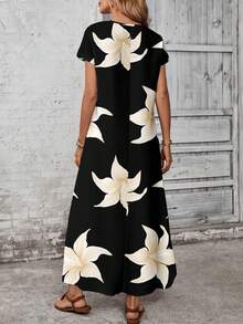 EMERY ROSE 休闲简约黑百合花卉图案女士连衣裙，适合春夏和秋冬 - 彩色 - 查看 2