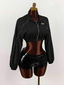 Amplova Áo khoác nữ mùa thu có chi tiết vá chữ tương phản viền ống màu đen - màu đen - Xem 3